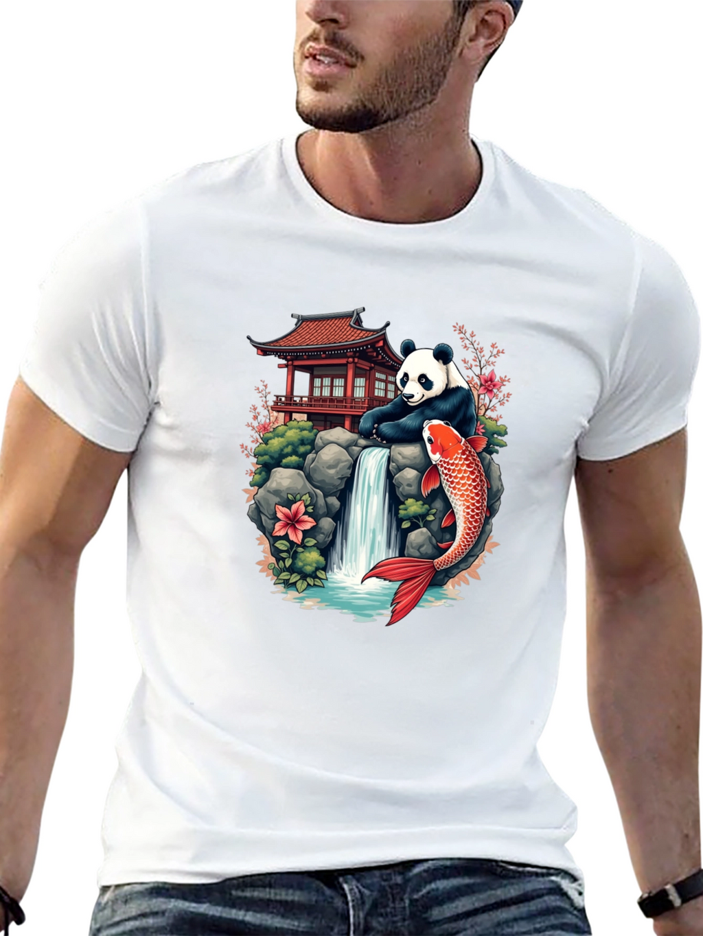 Panda Koi Fish Waterfall Graphic Tee