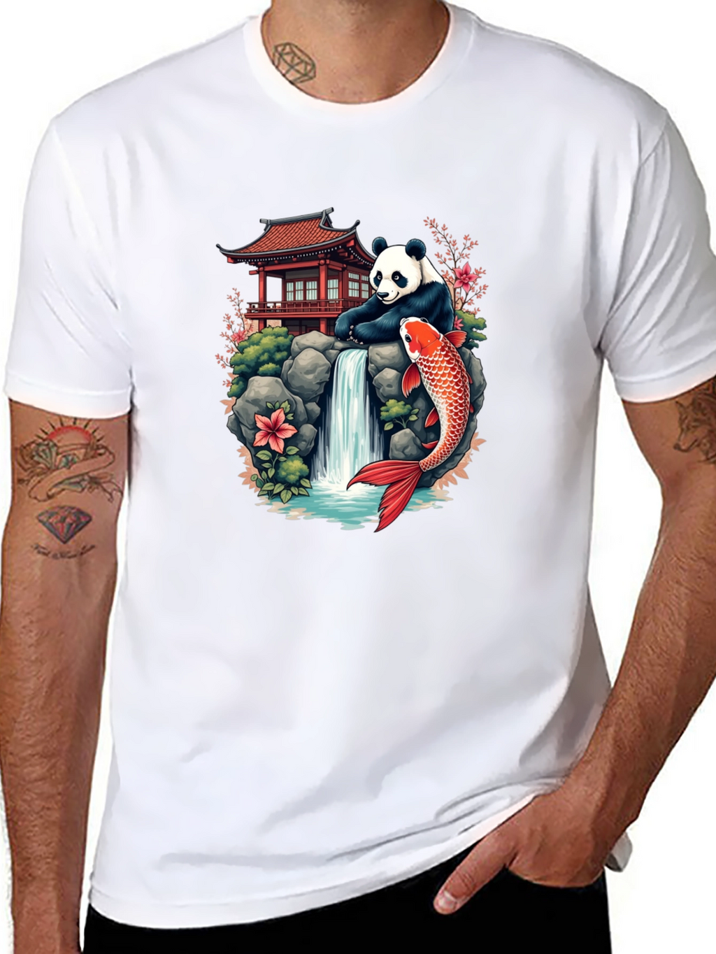 Panda Koi Fish Waterfall Graphic Tee
