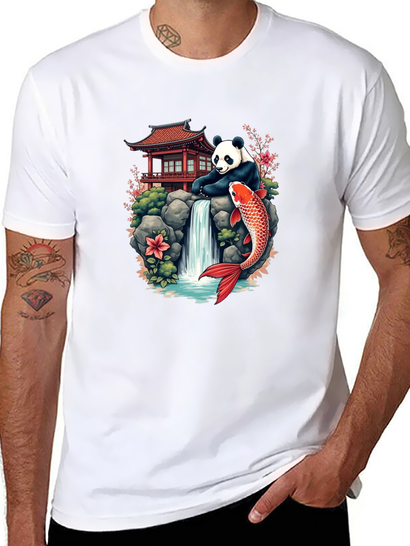Panda Koi Fish Waterfall Graphic Tee