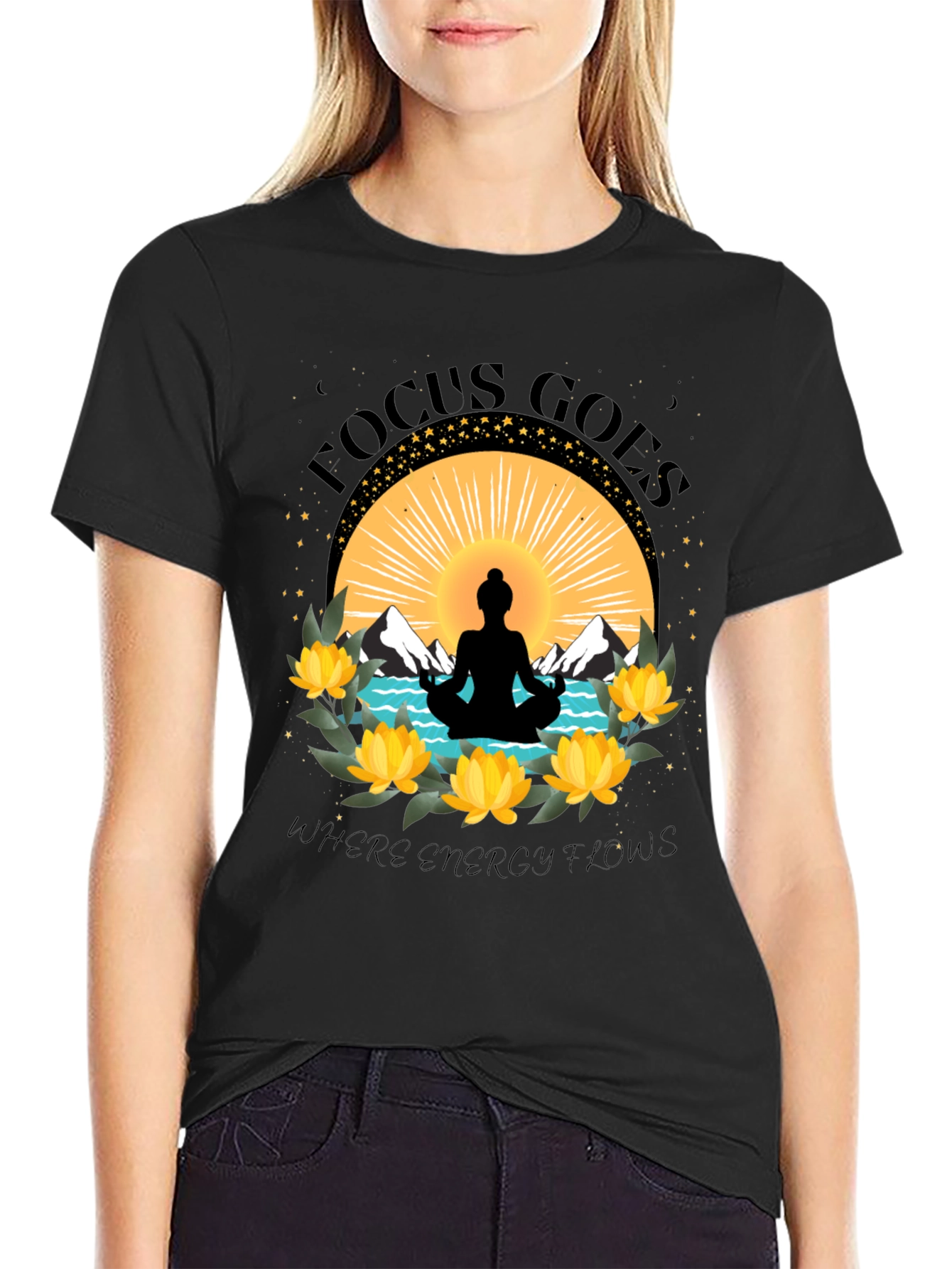 Focus Goes Where Energy Flows Yoga T-Shirt