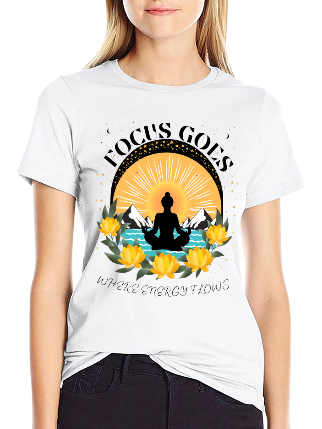 Focus Goes Where Energy Flows Yoga T-Shirt