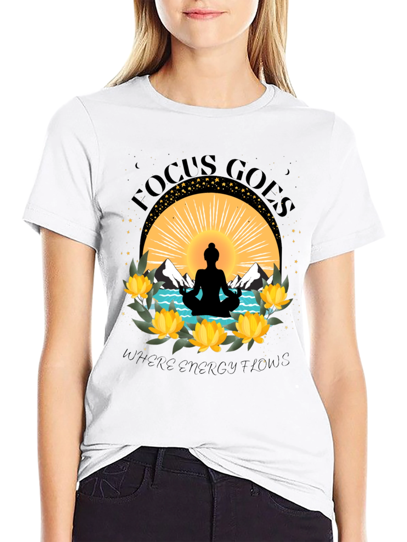 Focus Goes Where Energy Flows Yoga T-Shirt