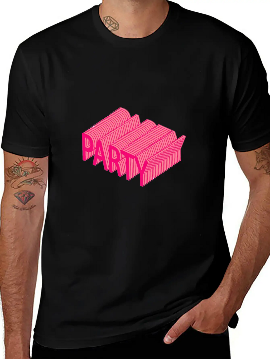 Party – Dancing, Celebrating 3D Lettering Striped Essential Cotton Tee For Daily Outfits – Unisex Style