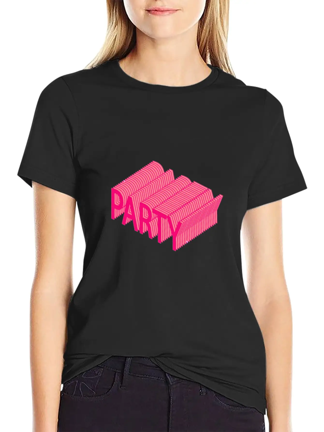 Party – Dancing, Celebrating 3D Lettering Striped Essential Cotton Tee For Daily Outfits – Unisex Style