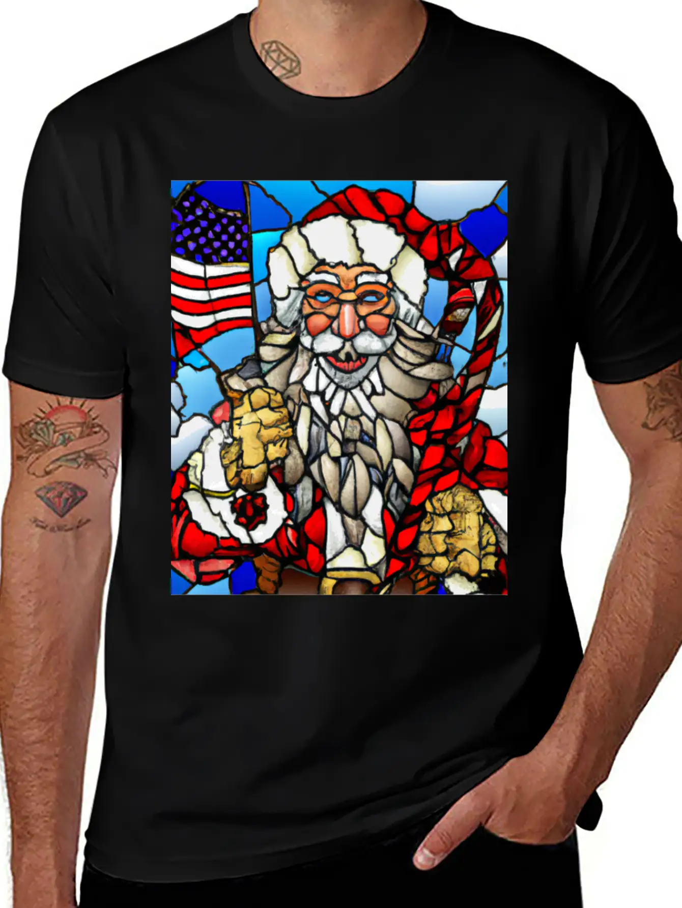 Patriotic Christmas Santa With US Flag Stained Unisex Casual T-Shirt – Clean Design For Daily Comfort