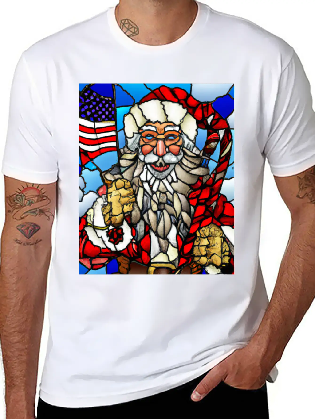 Patriotic Christmas Santa With US Flag Stained Unisex Casual T-Shirt – Clean Design For Daily Comfort