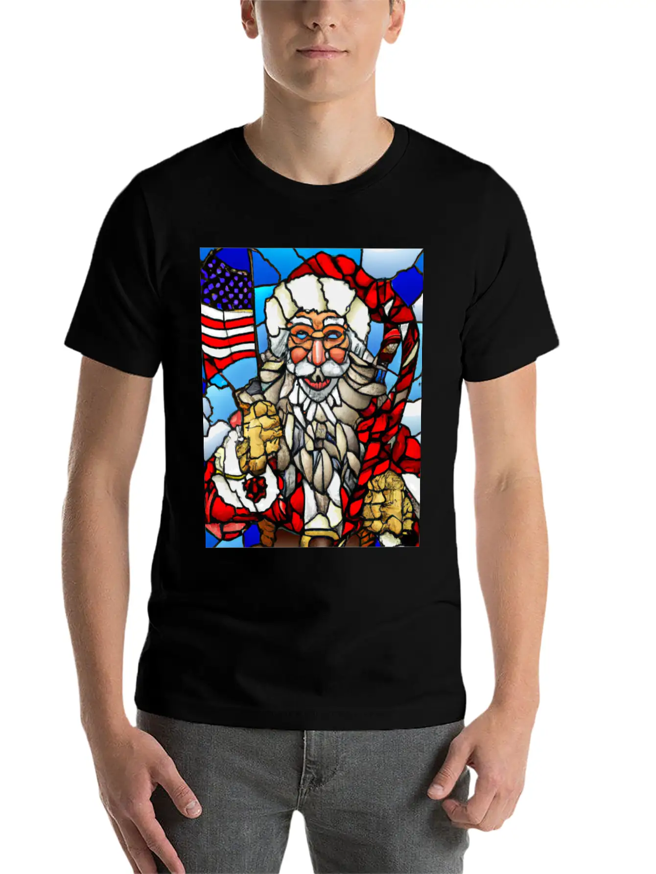 Patriotic Christmas Santa With US Flag Stained Unisex Casual T-Shirt – Clean Design For Daily Comfort