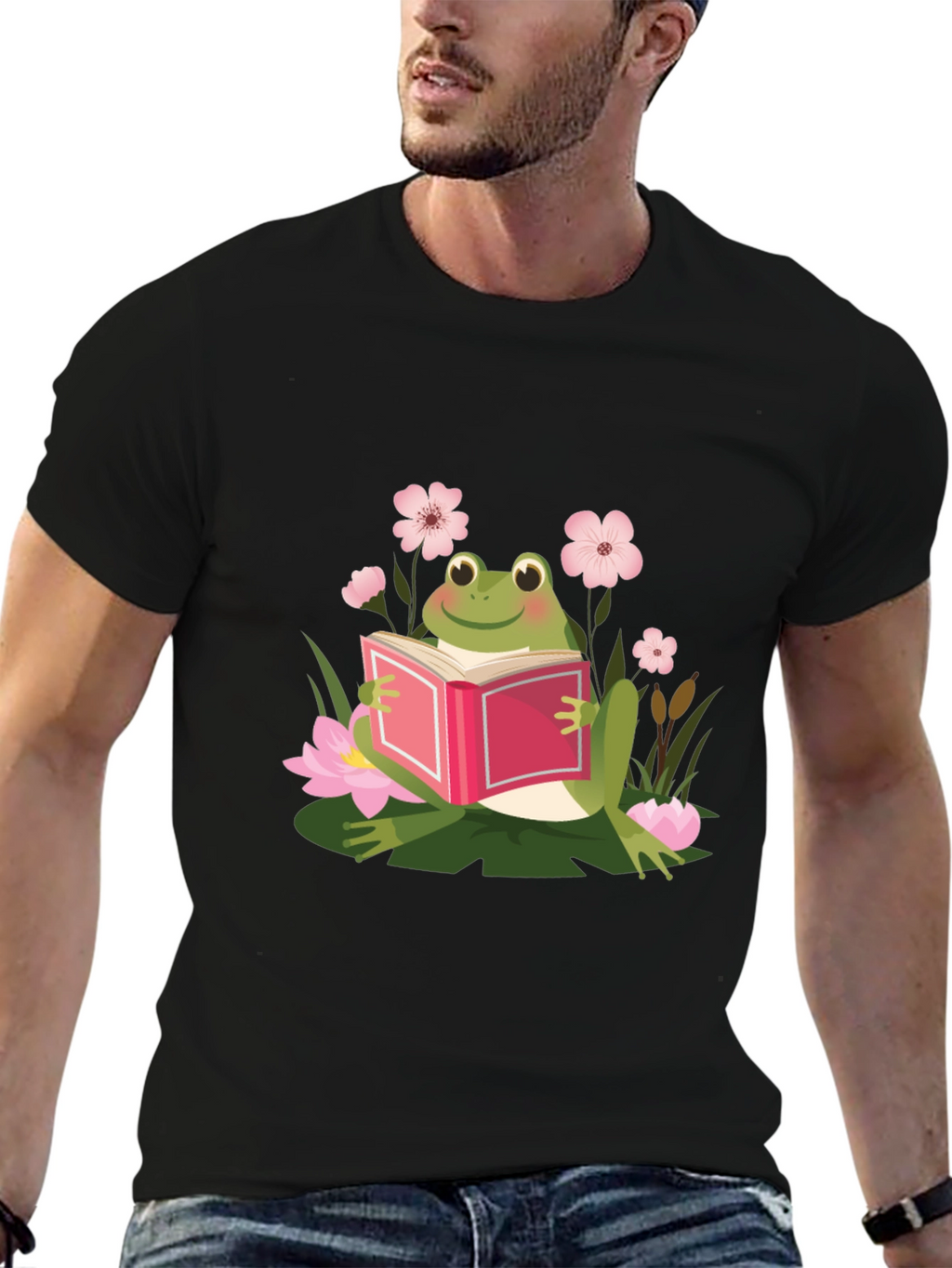 Frog Reading Book Black T-Shirt