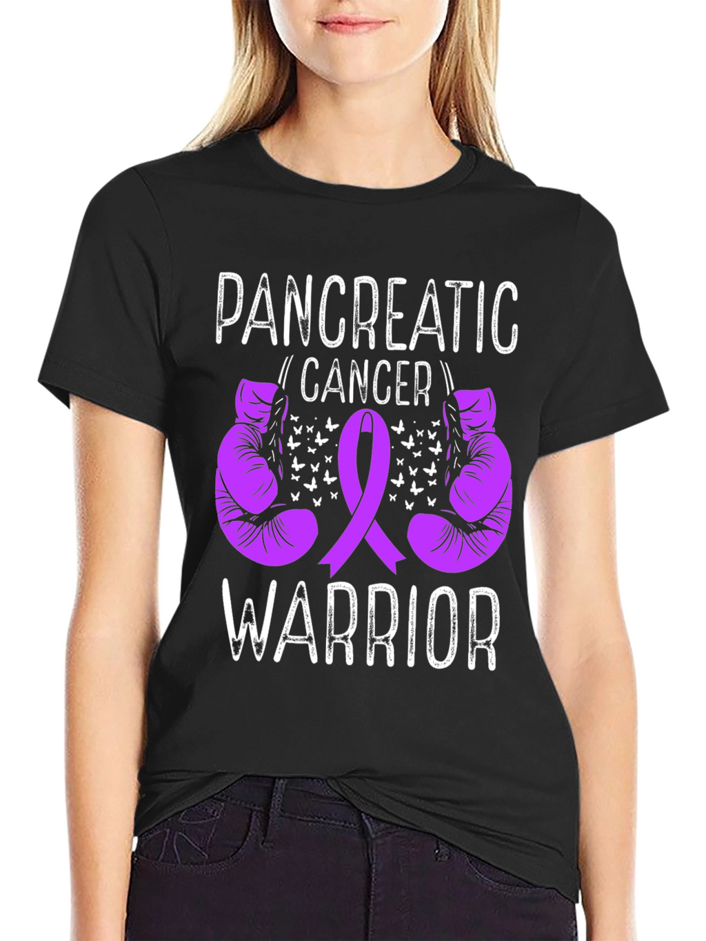 Pancreatic Cancer Warrior T-Shirt Purple Ribbon Boxing Gloves