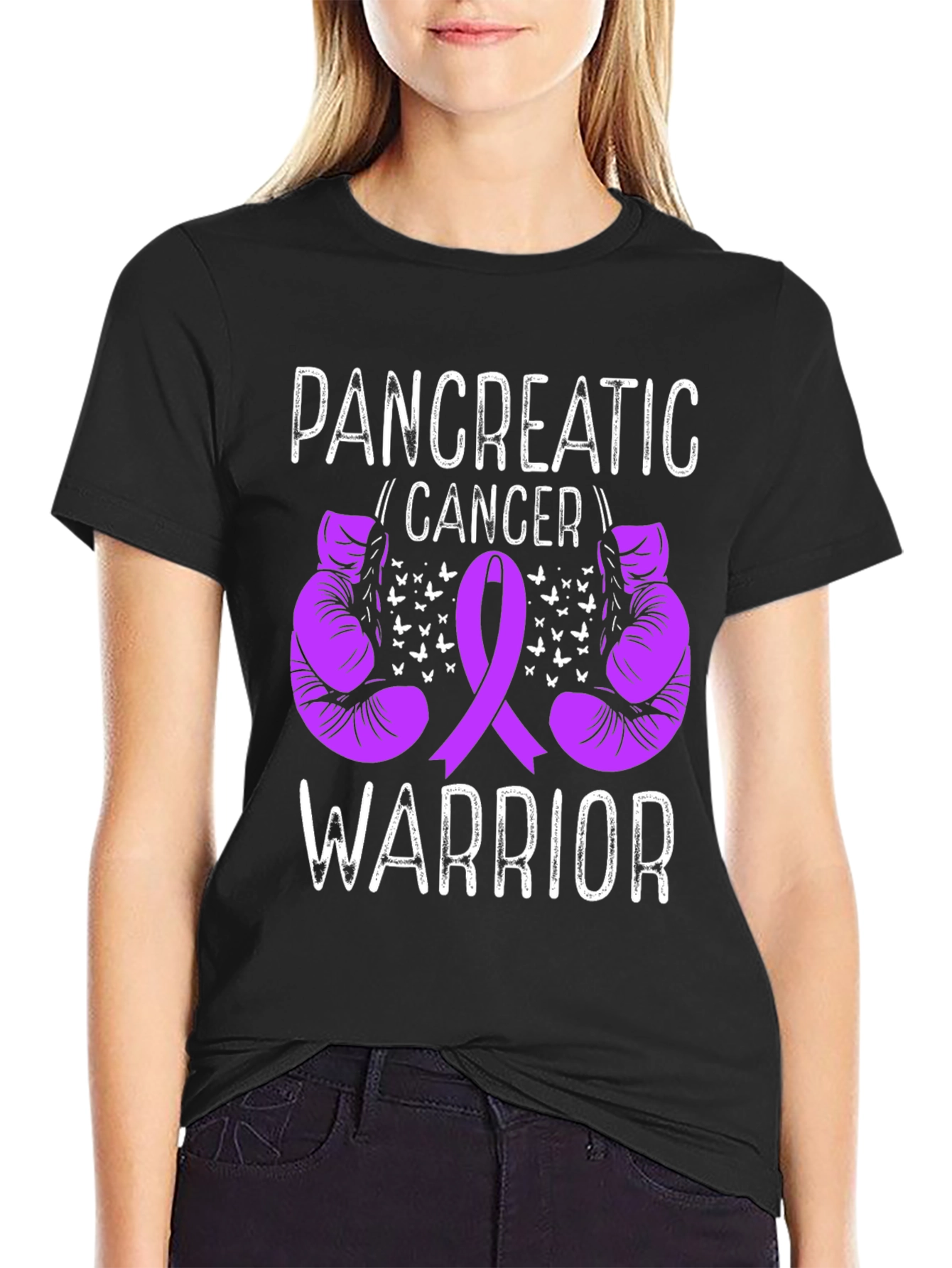 Pancreatic Cancer Warrior T-Shirt Purple Ribbon Boxing Gloves