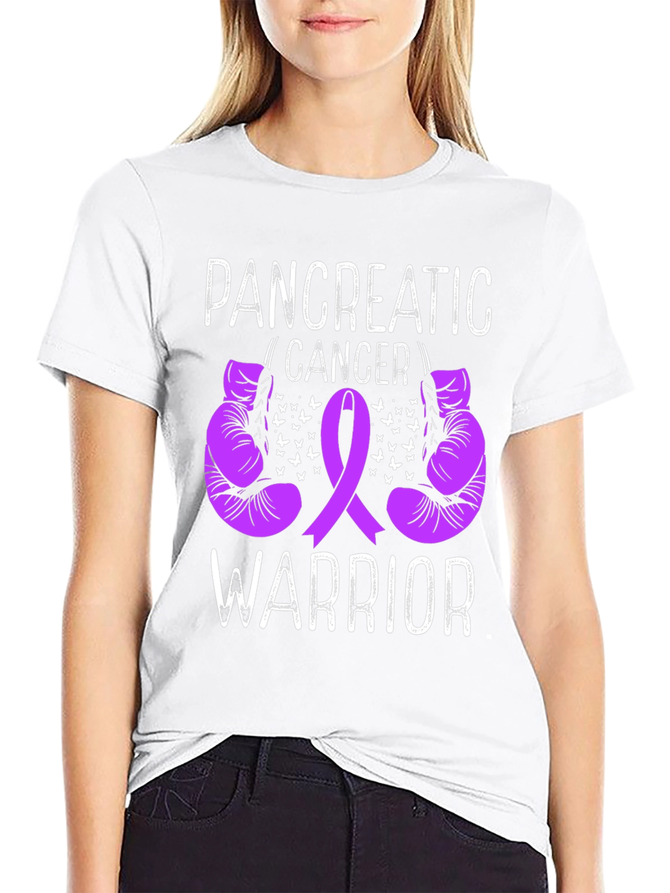 Pancreatic Cancer Warrior T-Shirt Purple Ribbon Boxing Gloves