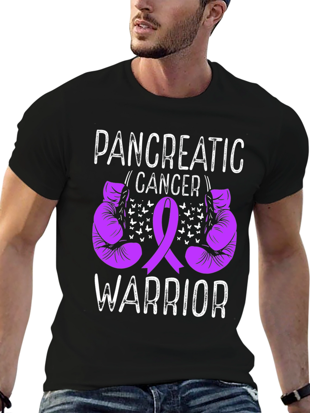 Pancreatic Cancer Warrior T-Shirt Purple Ribbon Boxing Gloves