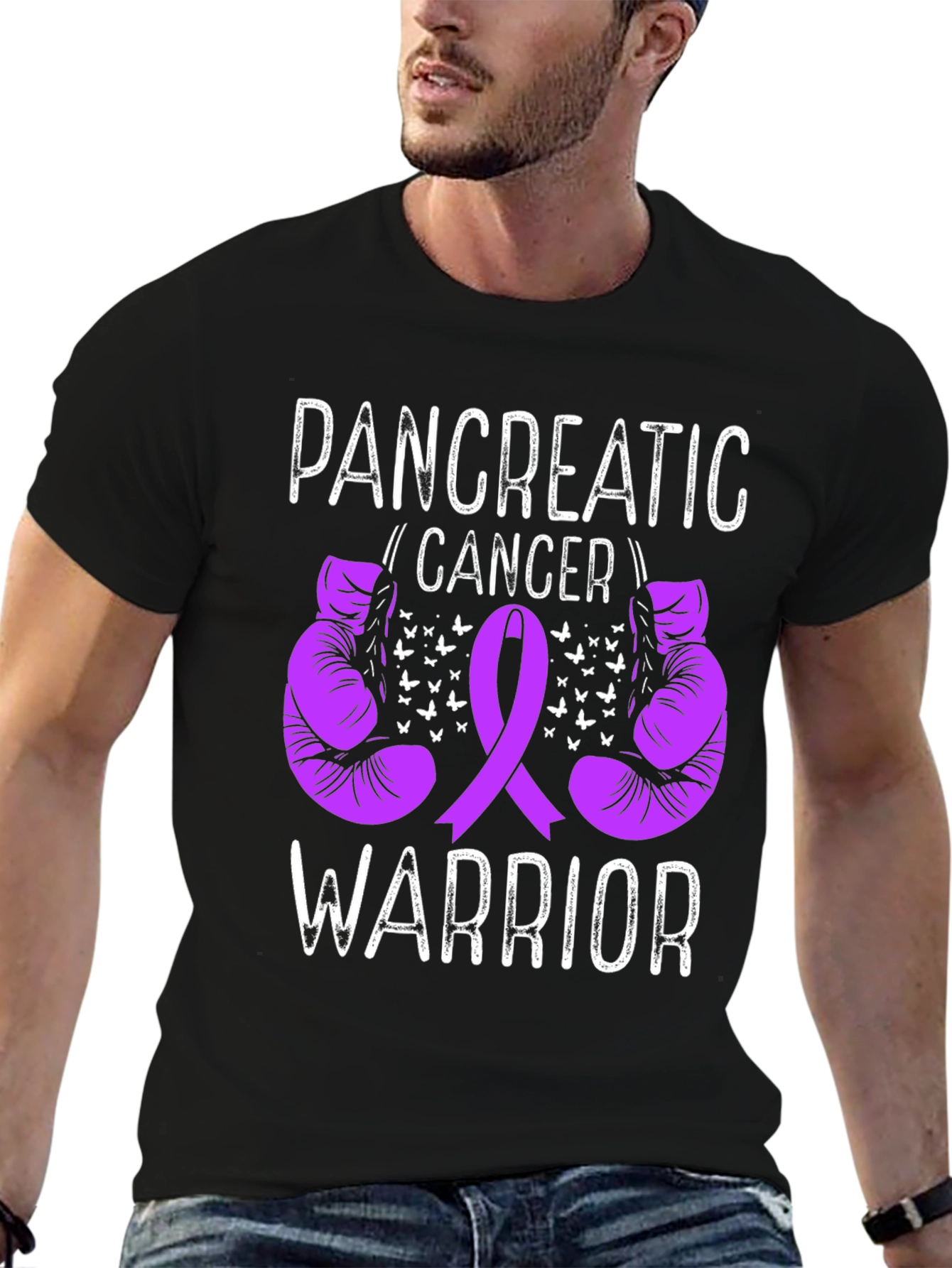 Pancreatic Cancer Warrior T-Shirt Purple Ribbon Boxing Gloves