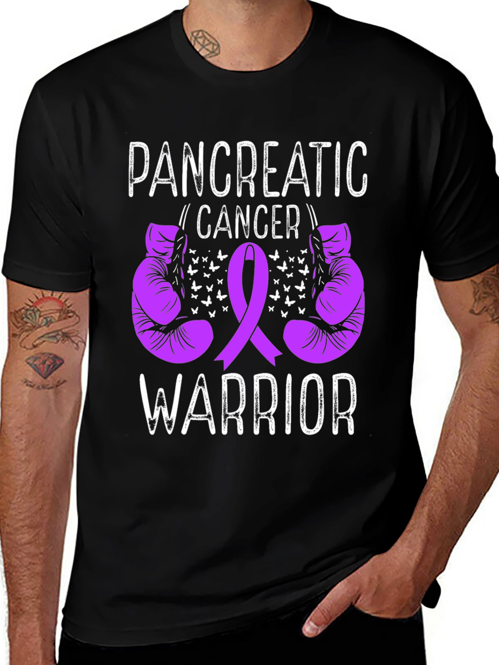 Pancreatic Cancer Warrior T-Shirt Purple Ribbon Boxing Gloves