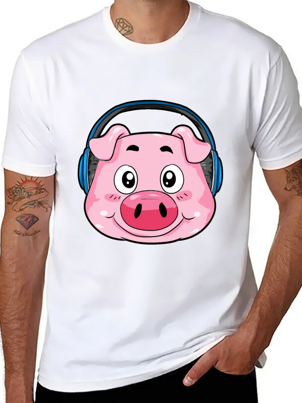 Pig With Headphones Essential Cotton Tee For Daily Outfits – Unisex Style