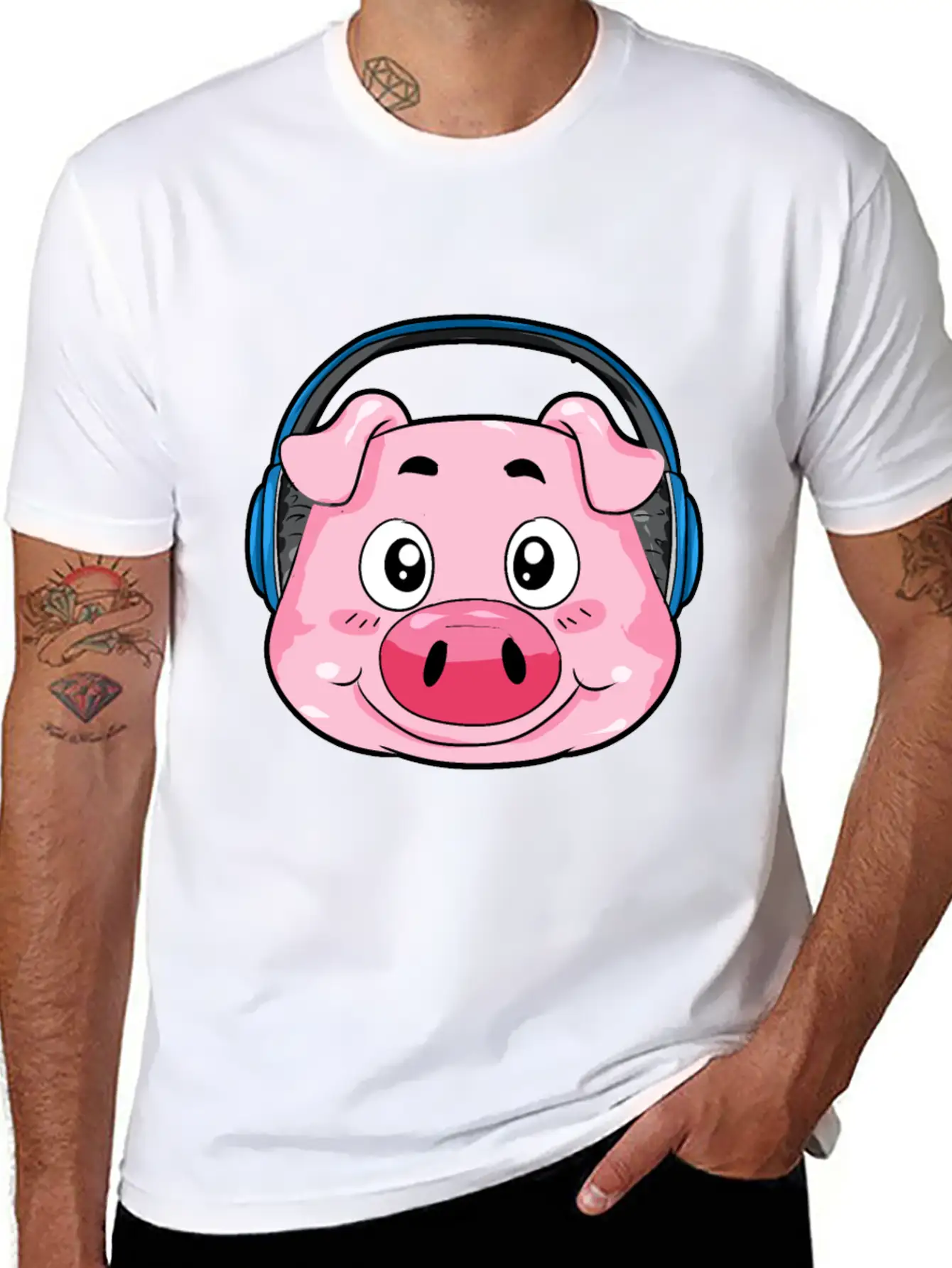 Pig With Headphones Essential Cotton Tee For Daily Outfits – Unisex Style