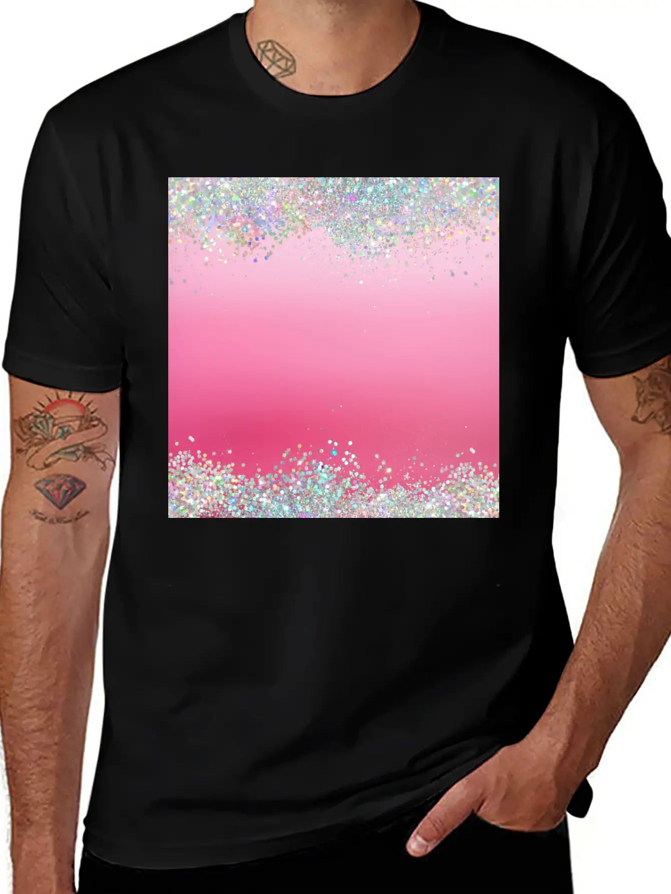 Pink Holographic Glitter Breathable Graphic T-Shirt – Perfect For Casual Days