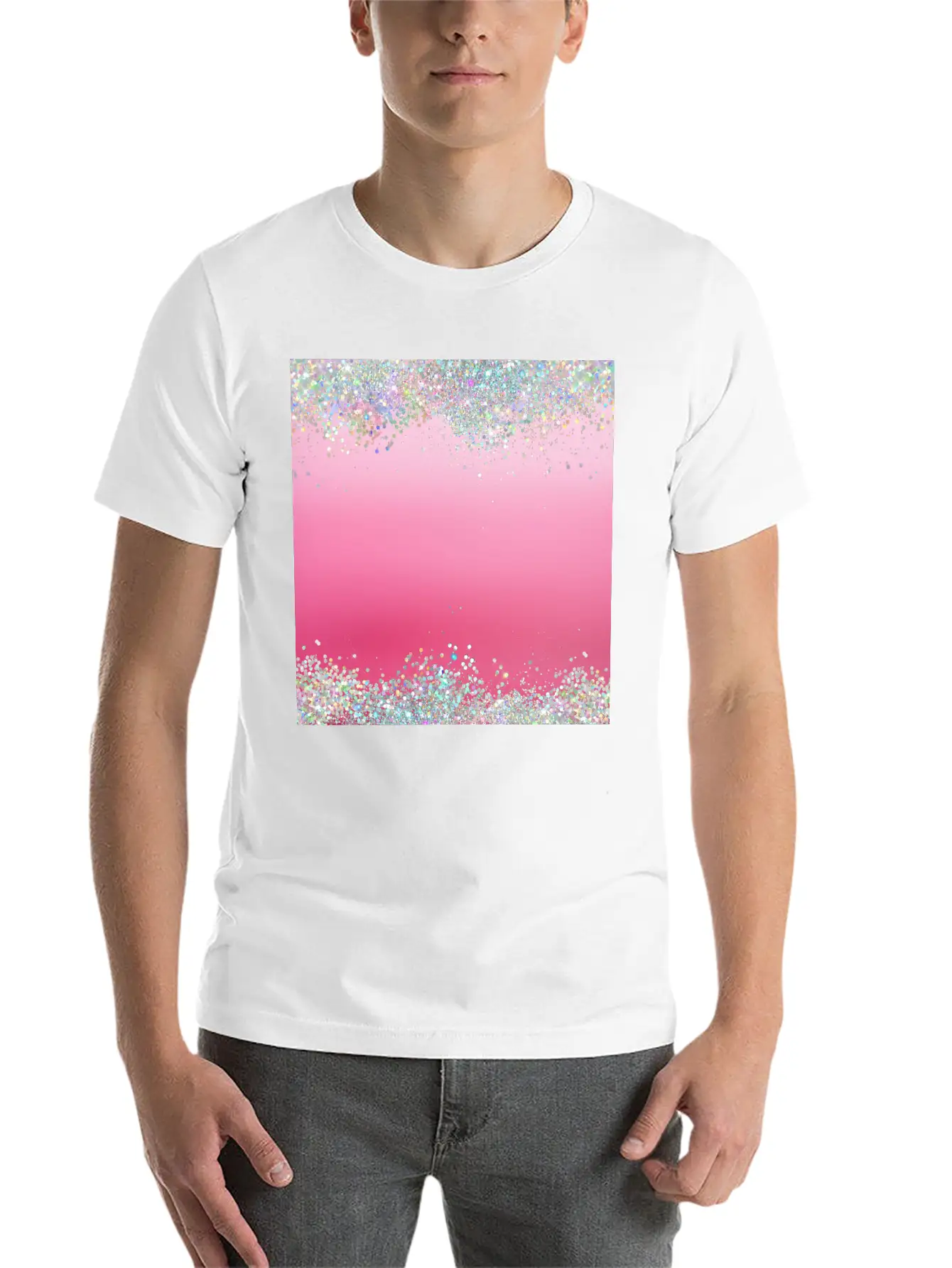 Pink Holographic Glitter Breathable Graphic T-Shirt – Perfect For Casual Days