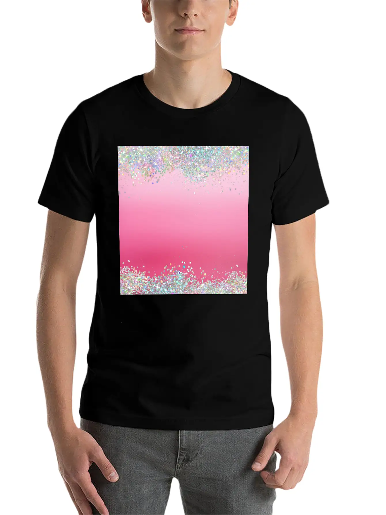 Pink Holographic Glitter Breathable Graphic T-Shirt – Perfect For Casual Days