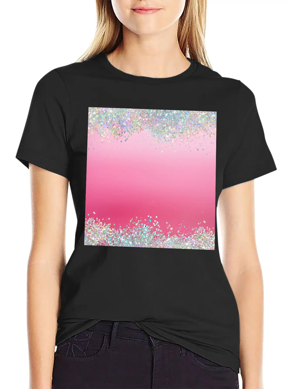 Pink Holographic Glitter Breathable Graphic T-Shirt – Perfect For Casual Days