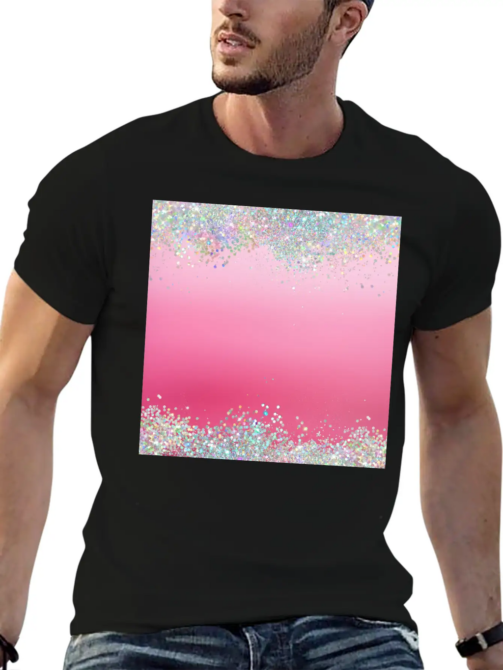 Pink Holographic Glitter Breathable Graphic T-Shirt – Perfect For Casual Days