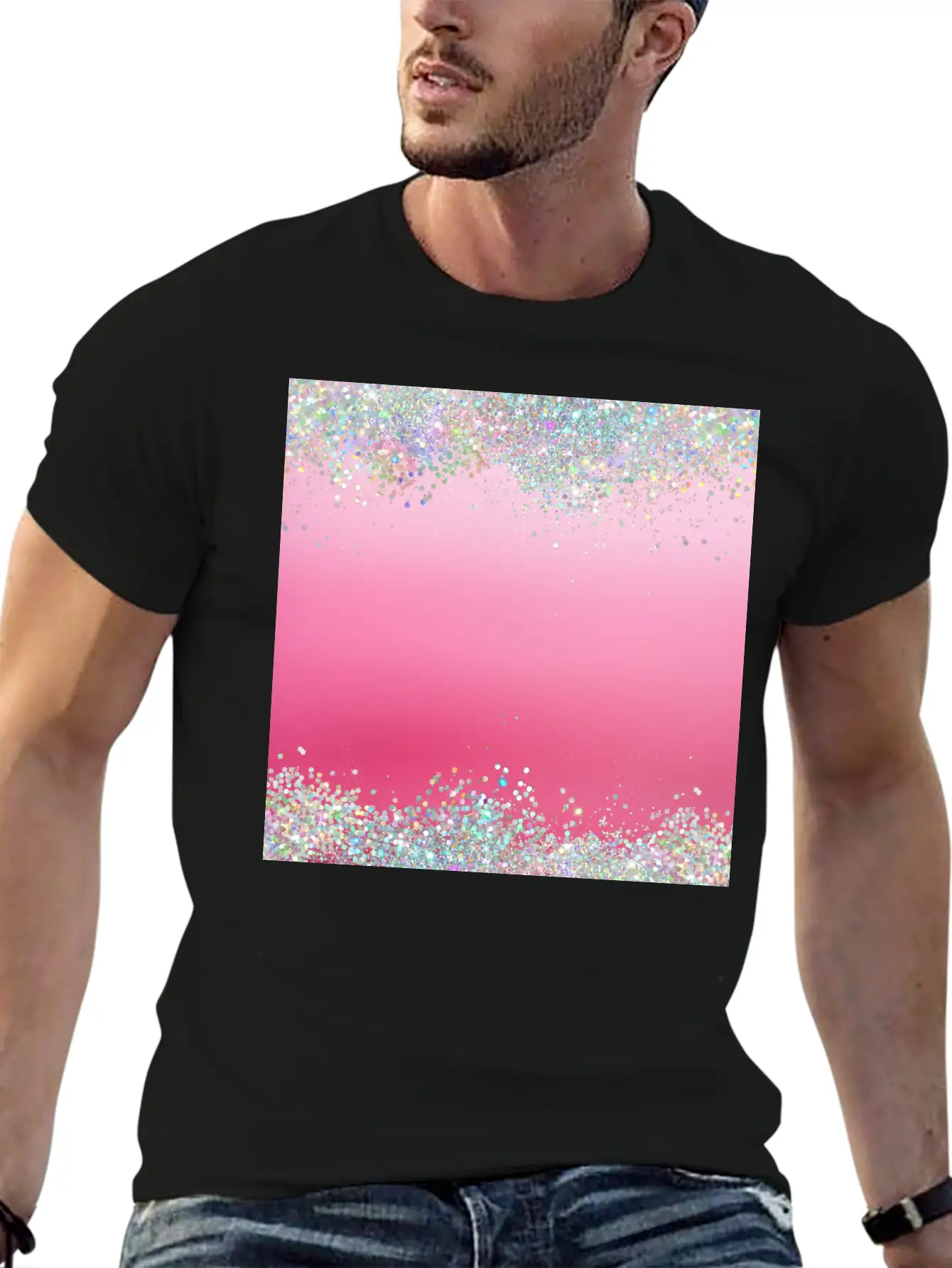 Pink Holographic Glitter Breathable Graphic T-Shirt – Perfect For Casual Days