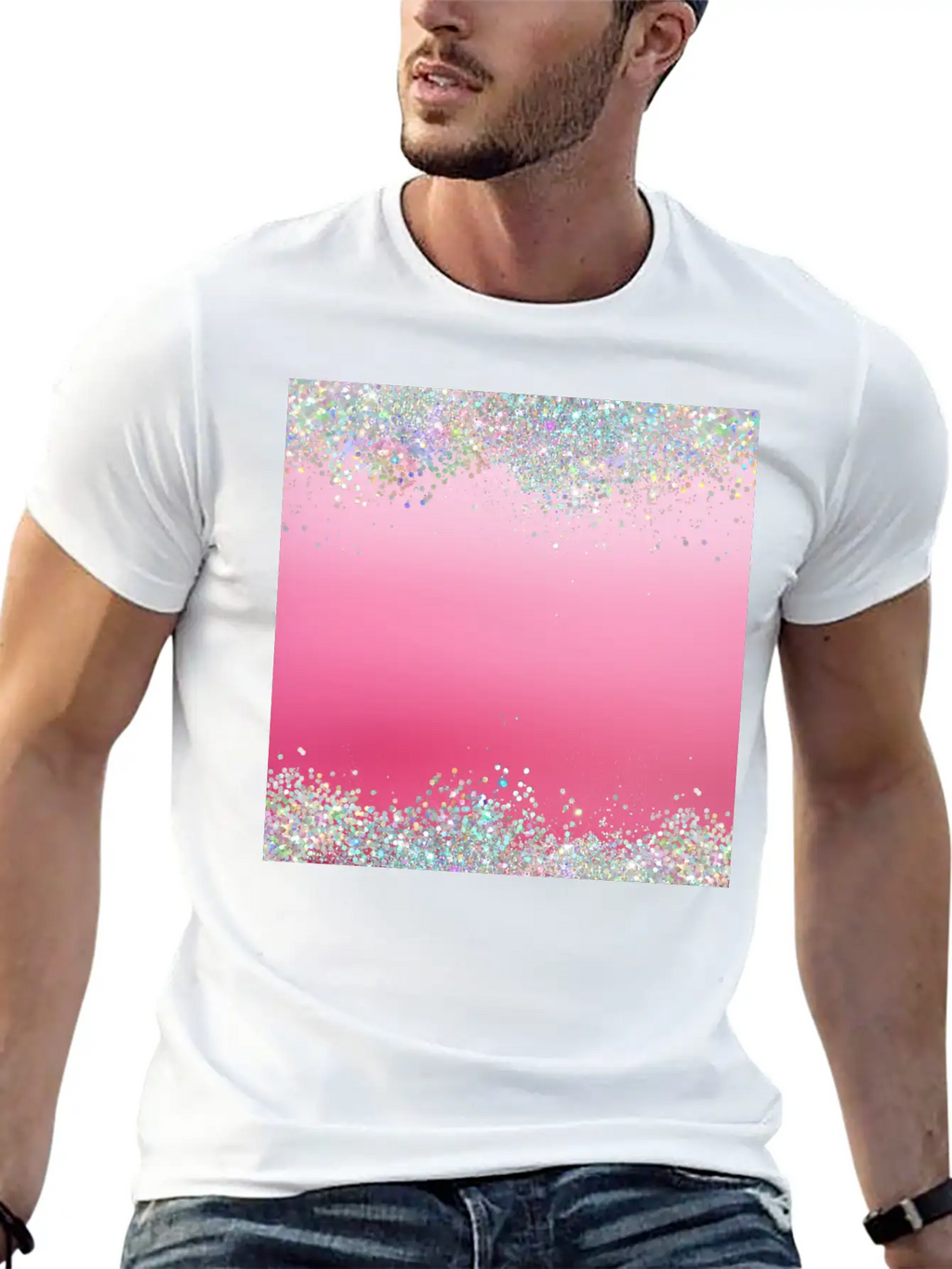 Pink Holographic Glitter Breathable Graphic T-Shirt – Perfect For Casual Days