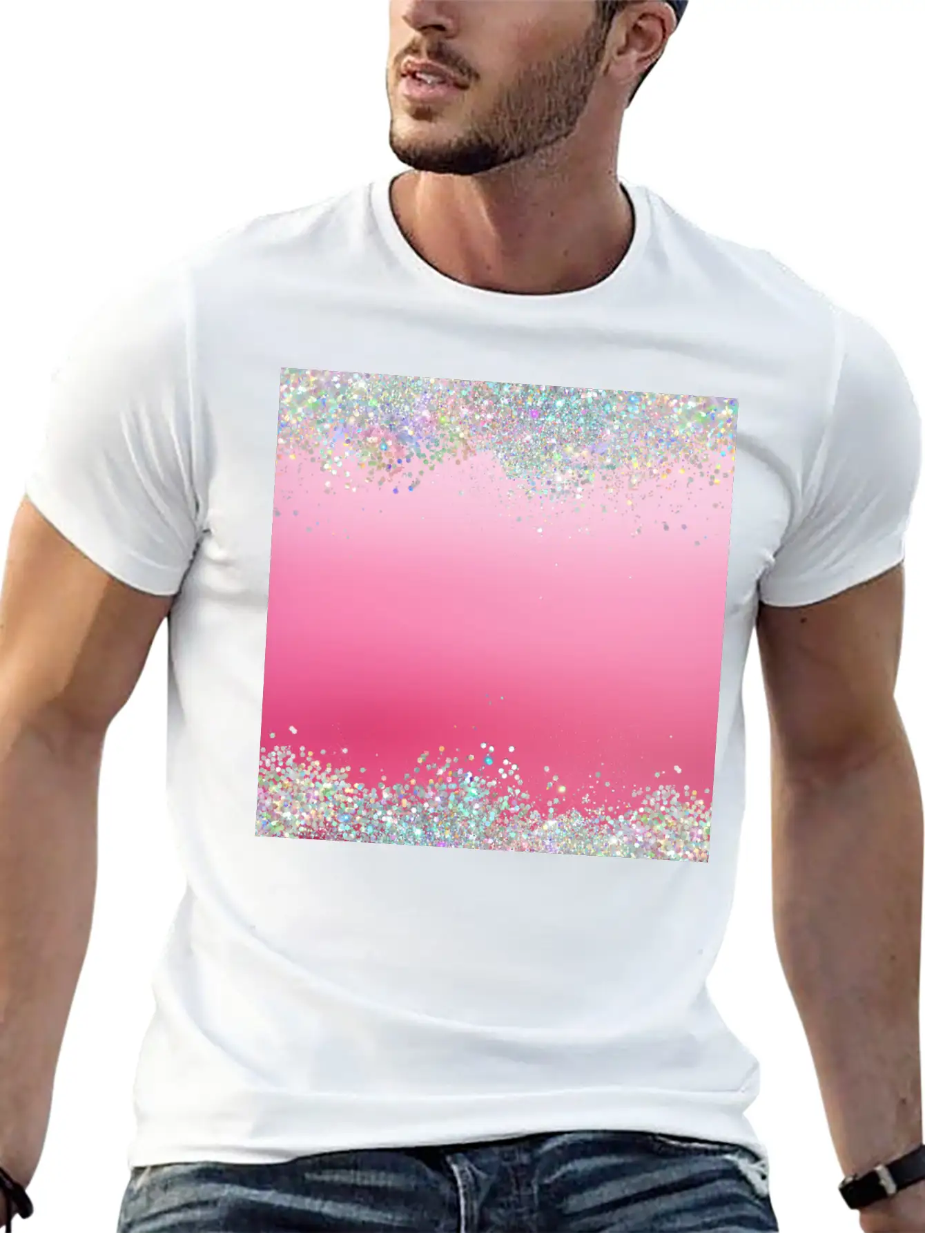 Pink Holographic Glitter Breathable Graphic T-Shirt – Perfect For Casual Days
