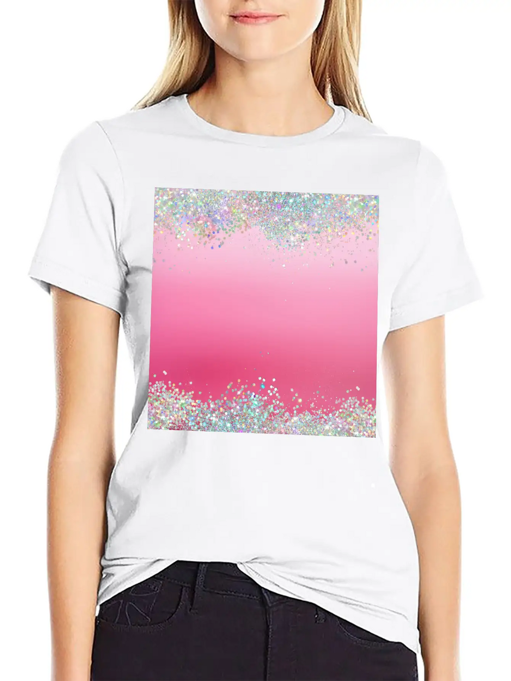 Pink Holographic Glitter Breathable Graphic T-Shirt – Perfect For Casual Days