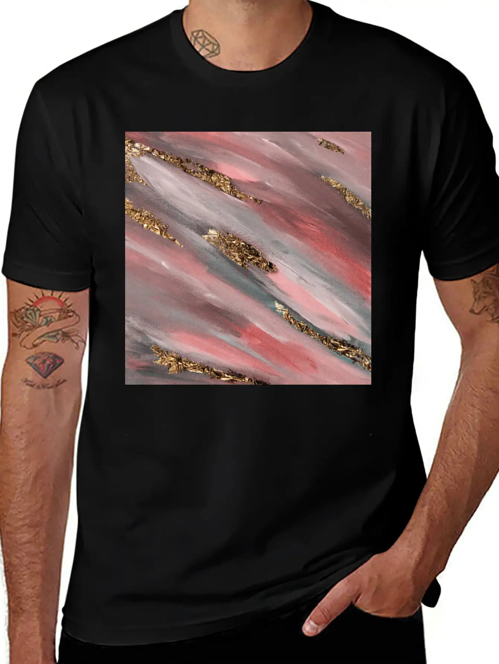 Pink Paint Brushstrokes Gold Foil Abstract Texture Breathable Soft Cotton T-Shirt – Timeless Casual Look