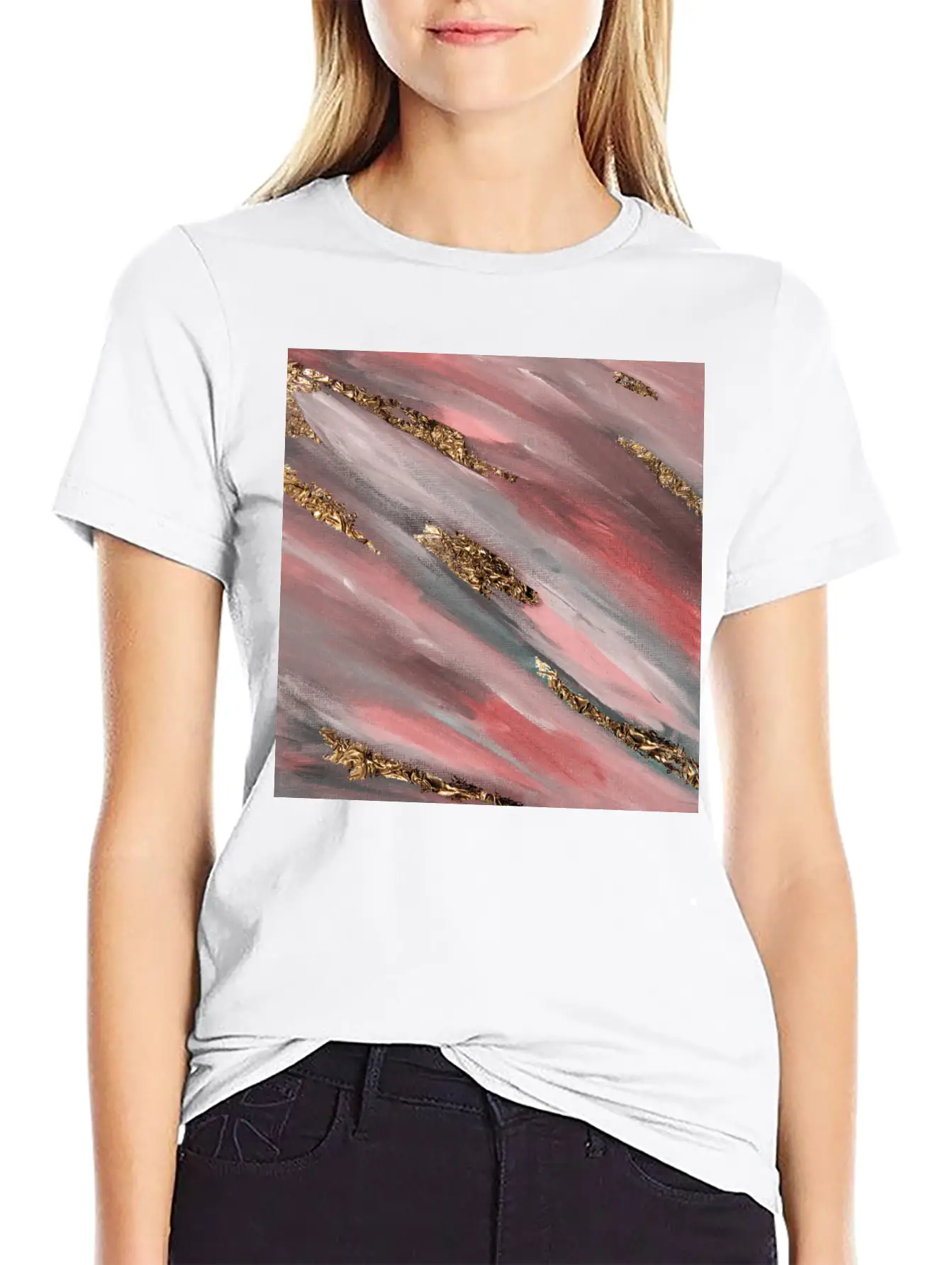Pink Paint Brushstrokes Gold Foil Abstract Texture Breathable Soft Cotton T-Shirt – Timeless Casual Look