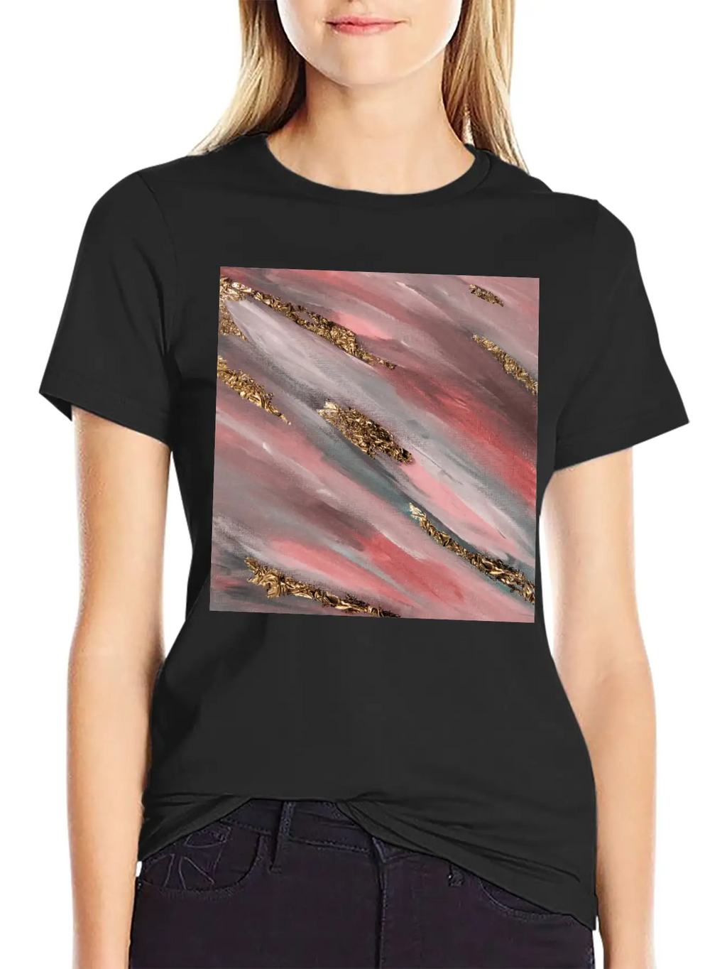 Pink Paint Brushstrokes Gold Foil Abstract Texture Breathable Soft Cotton T-Shirt – Timeless Casual Look