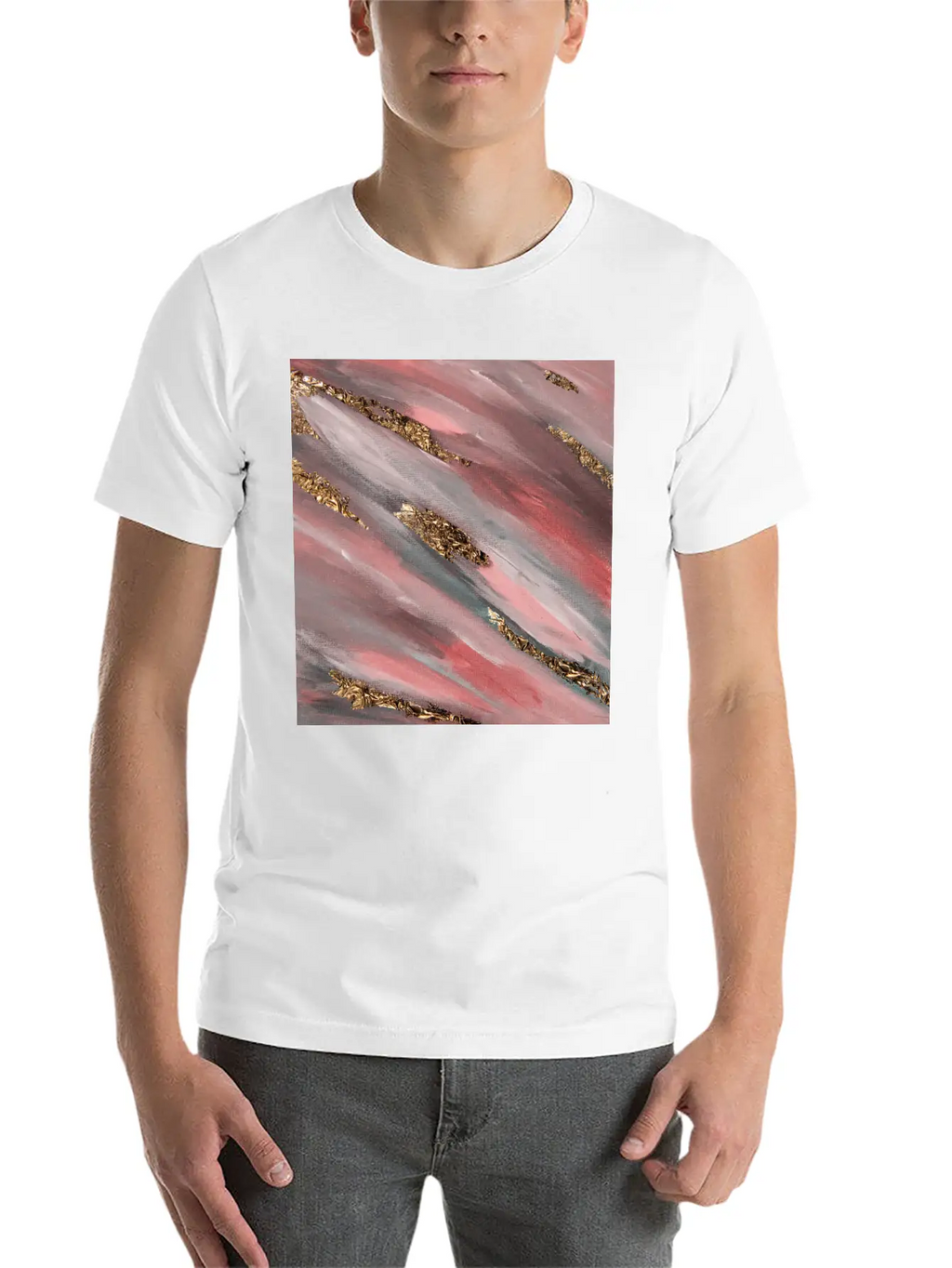 Pink Paint Brushstrokes Gold Foil Abstract Texture Breathable Soft Cotton T-Shirt – Timeless Casual Look