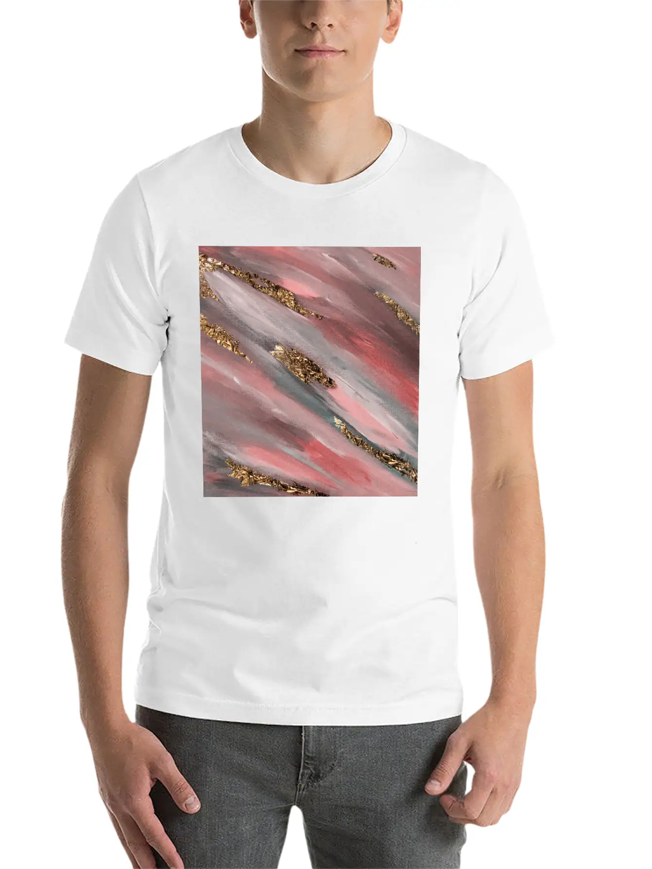 Pink Paint Brushstrokes Gold Foil Abstract Texture Breathable Soft Cotton T-Shirt – Timeless Casual Look