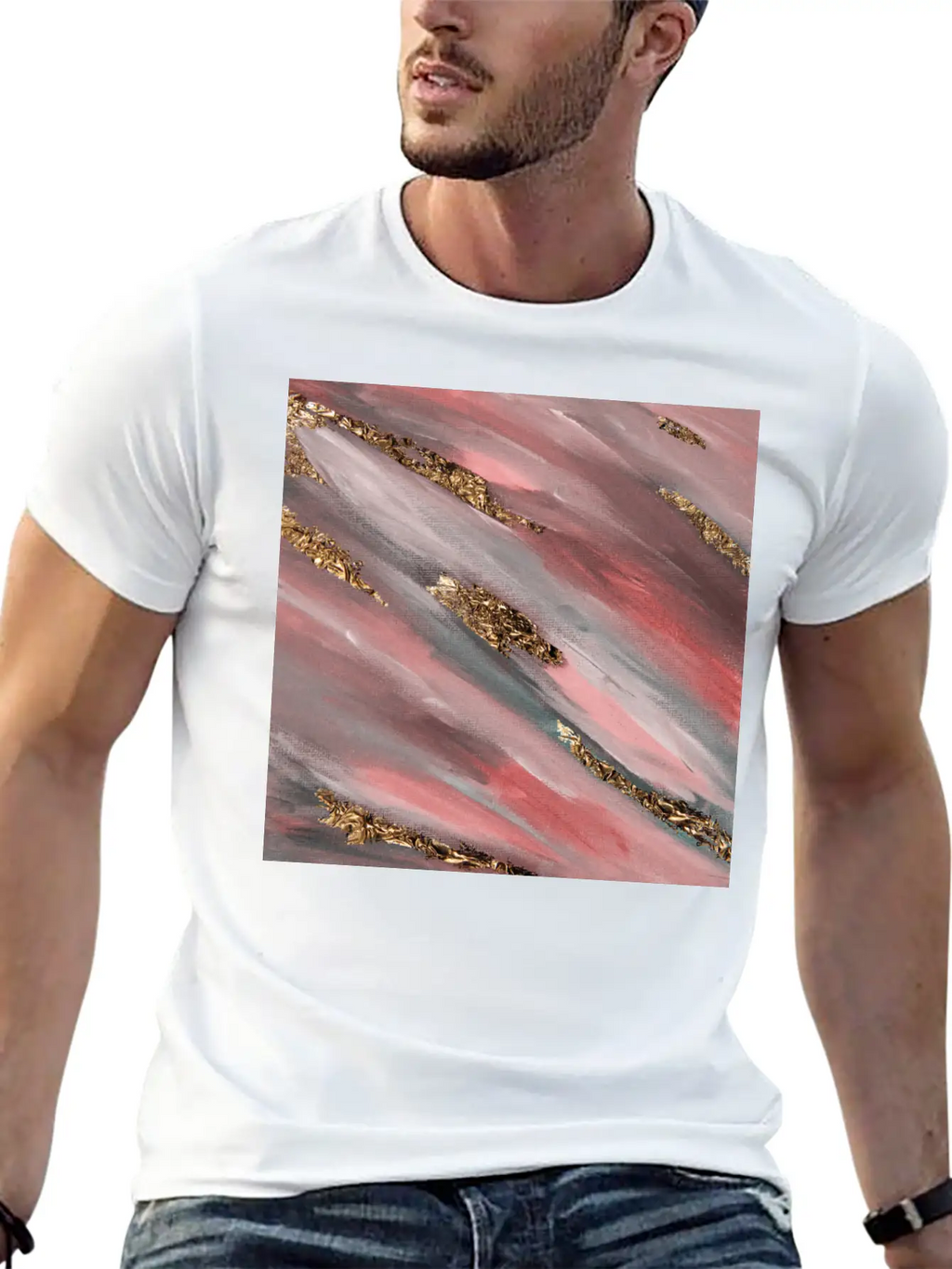 Pink Paint Brushstrokes Gold Foil Abstract Texture Breathable Soft Cotton T-Shirt – Timeless Casual Look