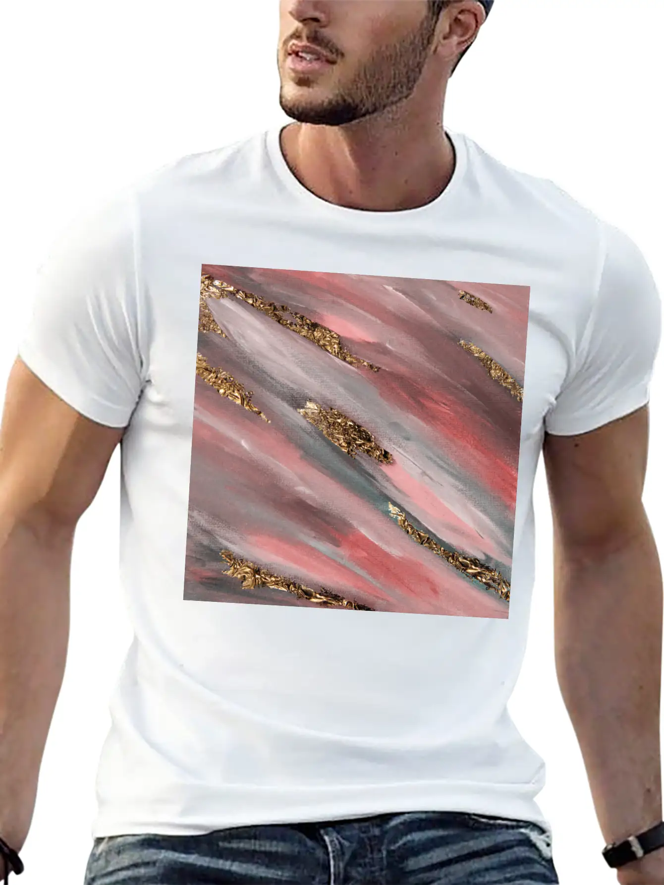 Pink Paint Brushstrokes Gold Foil Abstract Texture Breathable Soft Cotton T-Shirt – Timeless Casual Look