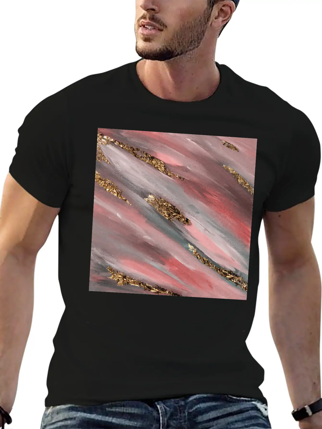 Pink Paint Brushstrokes Gold Foil Abstract Texture Breathable Soft Cotton T-Shirt – Timeless Casual Look