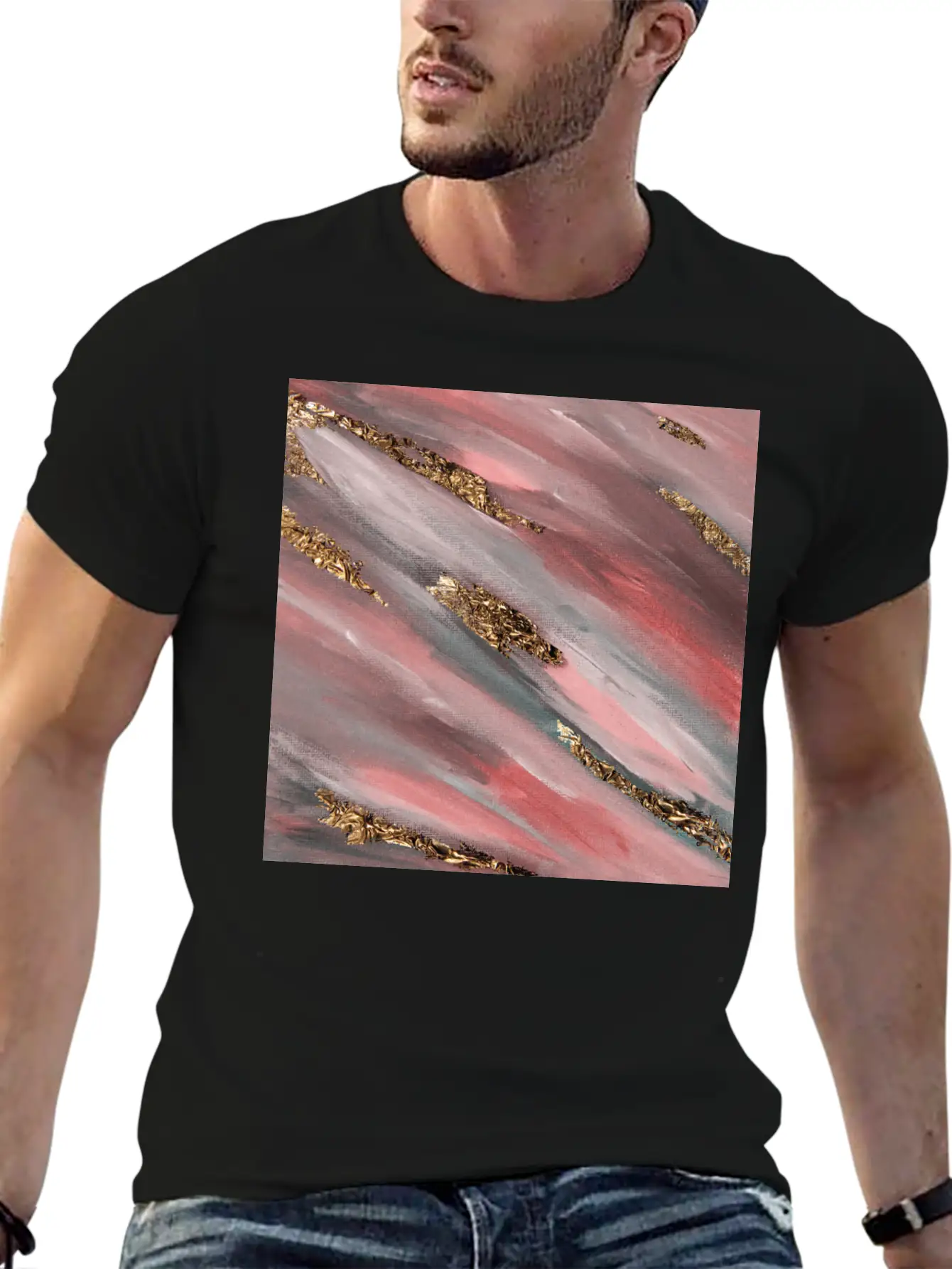 Pink Paint Brushstrokes Gold Foil Abstract Texture Breathable Soft Cotton T-Shirt – Timeless Casual Look