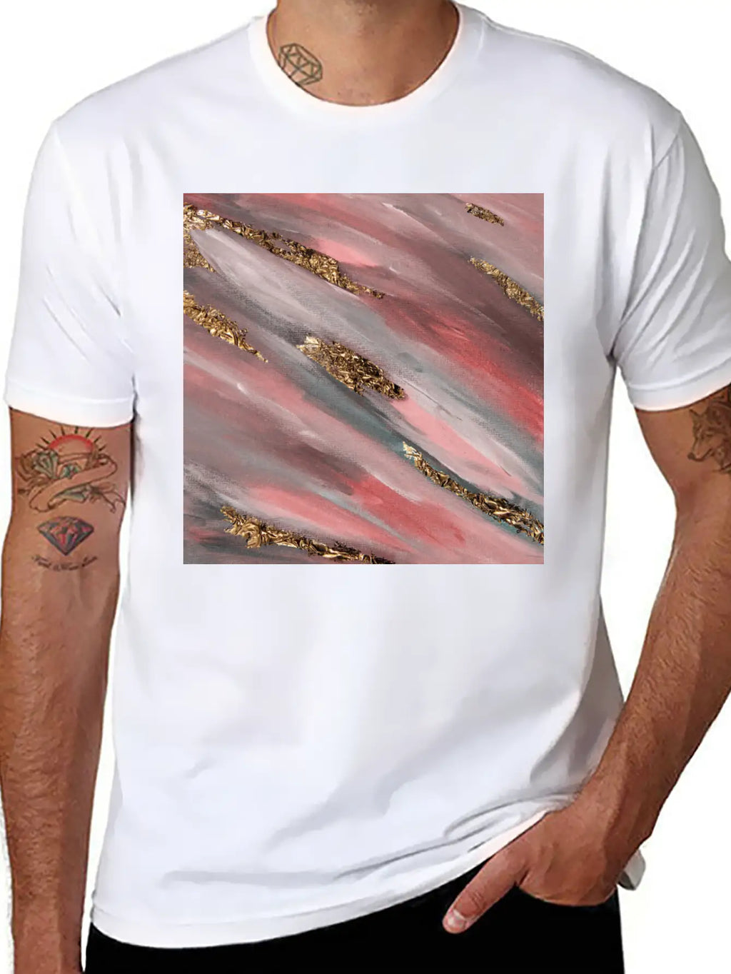 Pink Paint Brushstrokes Gold Foil Abstract Texture Breathable Soft Cotton T-Shirt – Timeless Casual Look