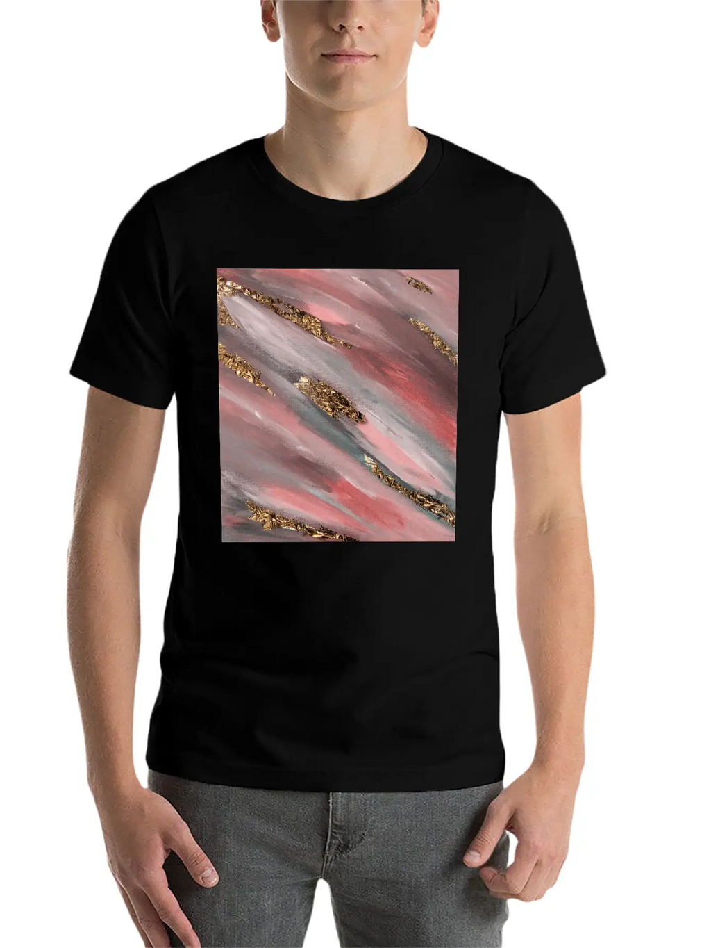 Pink Paint Brushstrokes Gold Foil Abstract Texture Breathable Soft Cotton T-Shirt – Timeless Casual Look