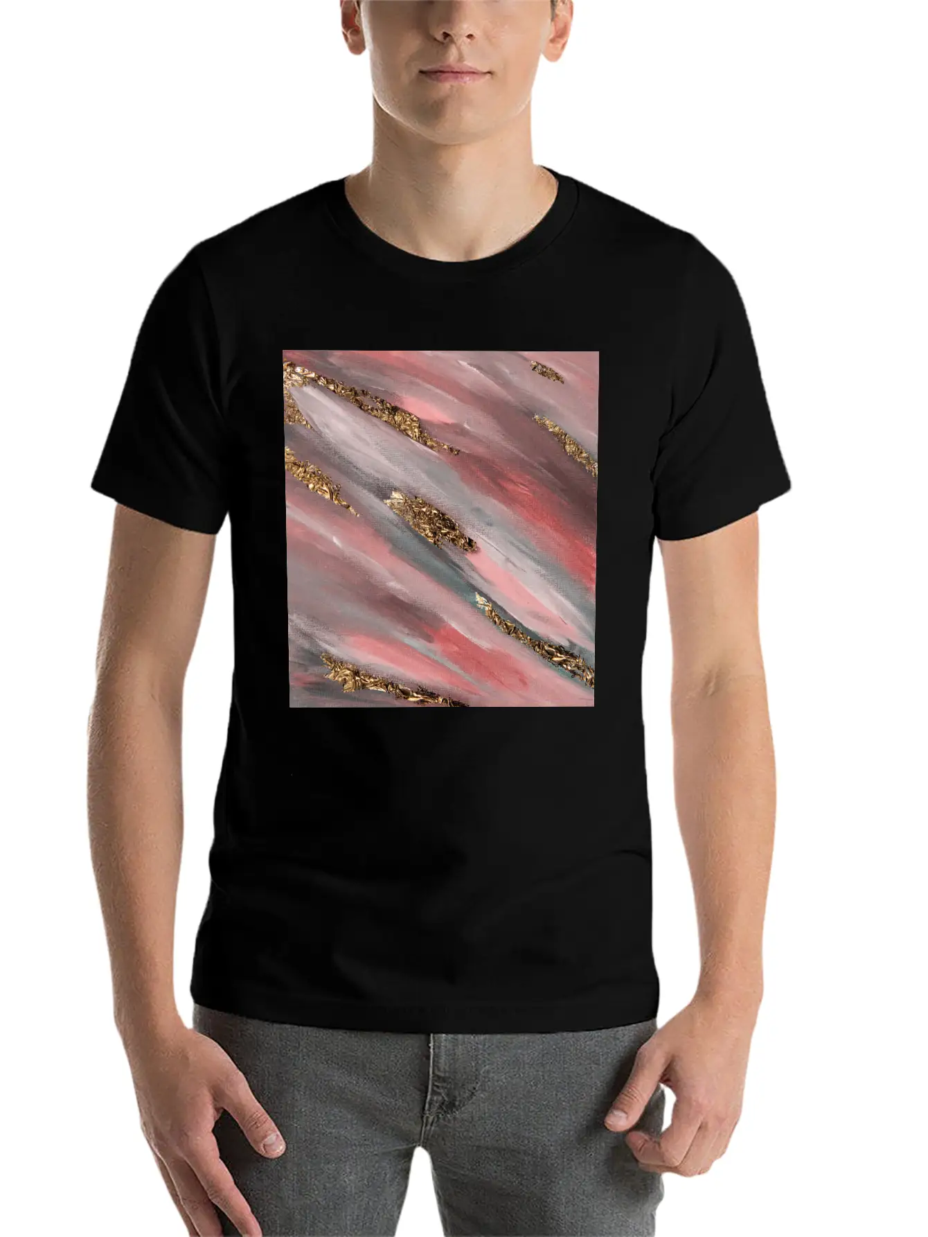 Pink Paint Brushstrokes Gold Foil Abstract Texture Breathable Soft Cotton T-Shirt – Timeless Casual Look