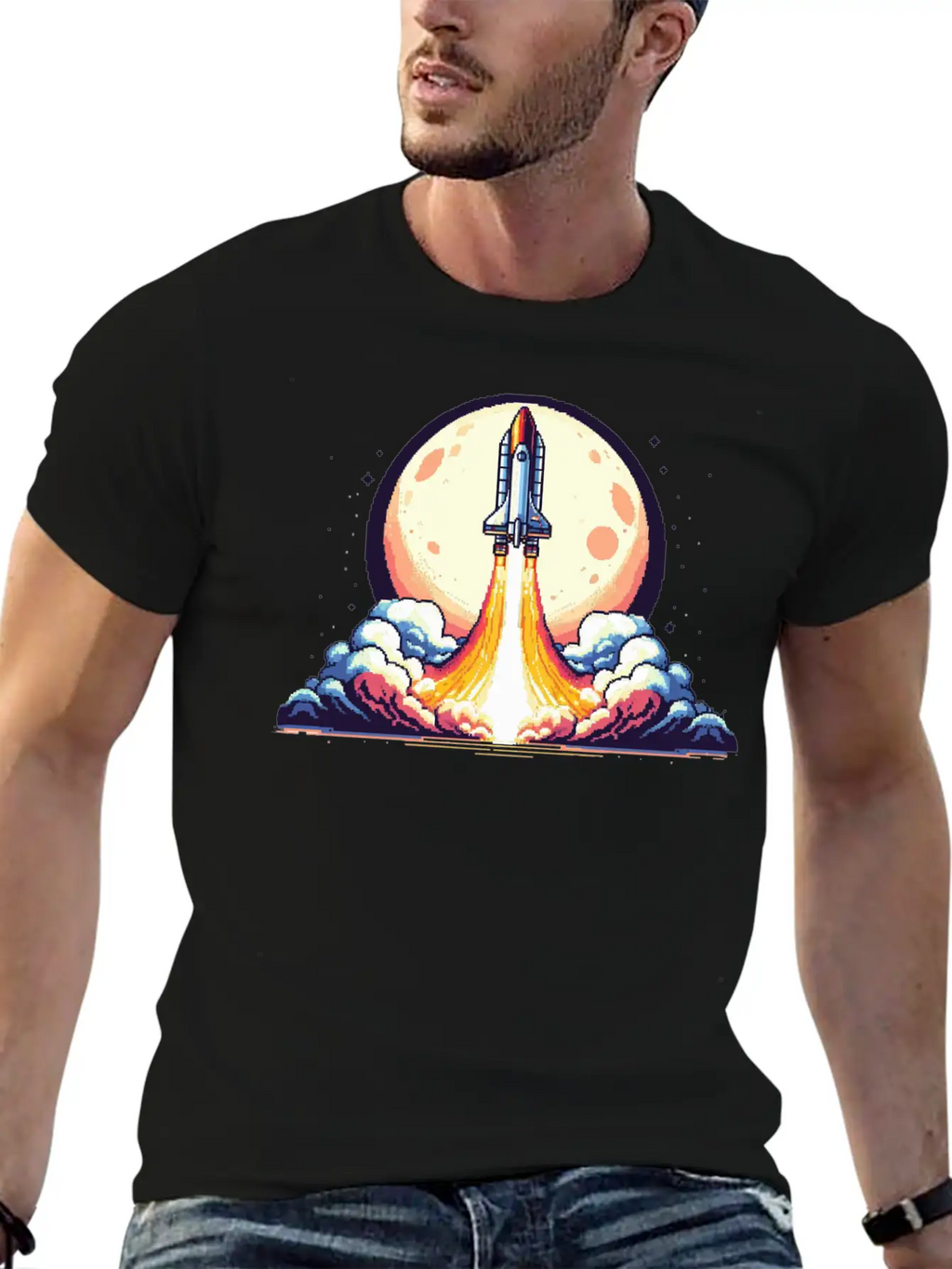 Pixel Art Rocket Breathable Soft Cotton T-Shirt – Timeless Casual Look