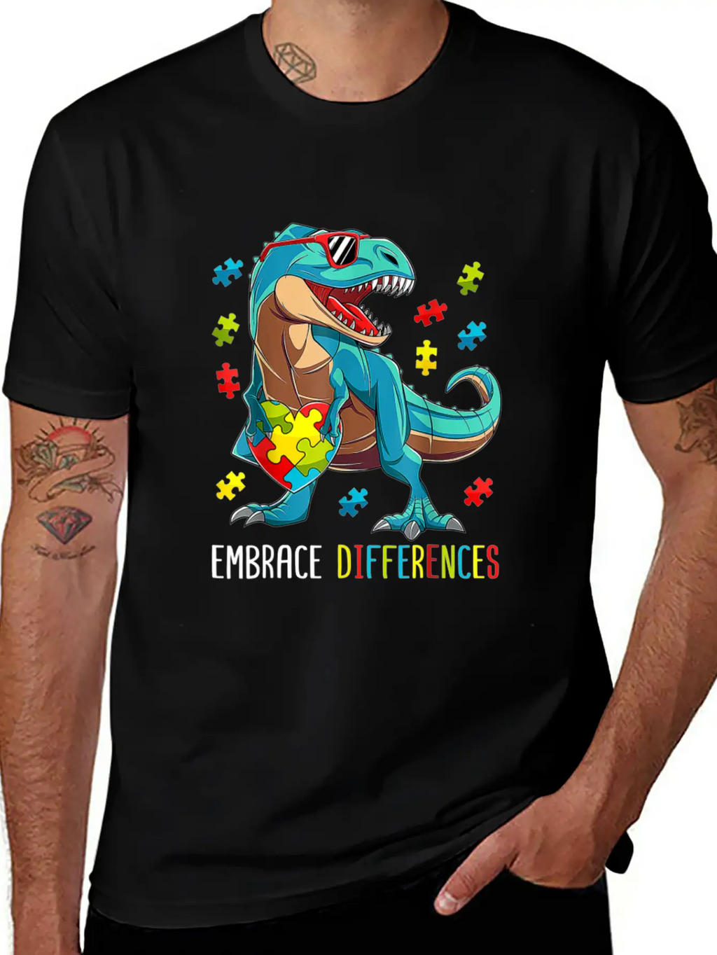 Plus Size Autism Awareness - Dinosaur With Puzzle Classic Cotton Tee – Unisex Comfort For Any Season