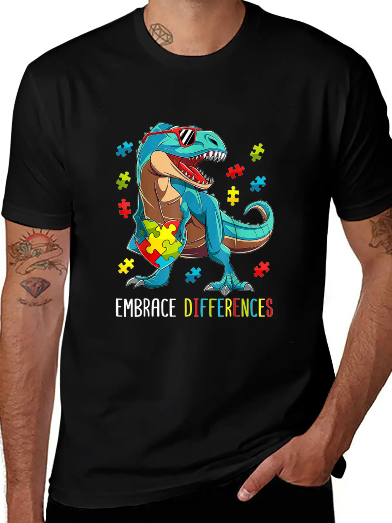 Plus Size Autism Awareness - Dinosaur With Puzzle Classic Cotton Tee – Unisex Comfort For Any Season