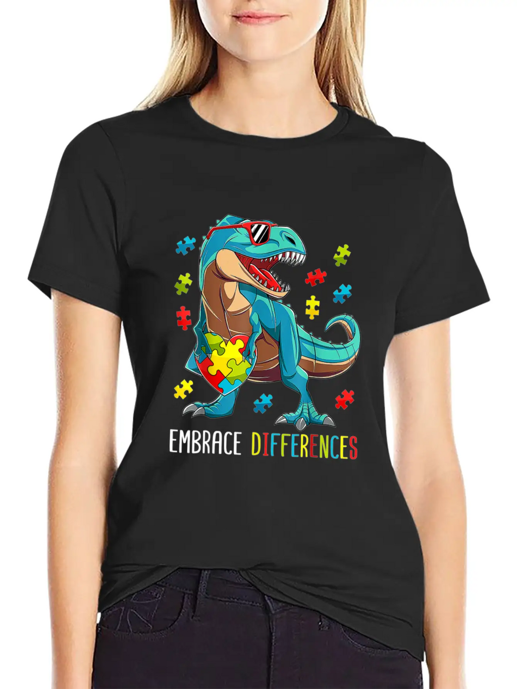 Plus Size Autism Awareness - Dinosaur With Puzzle Classic Cotton Tee – Unisex Comfort For Any Season