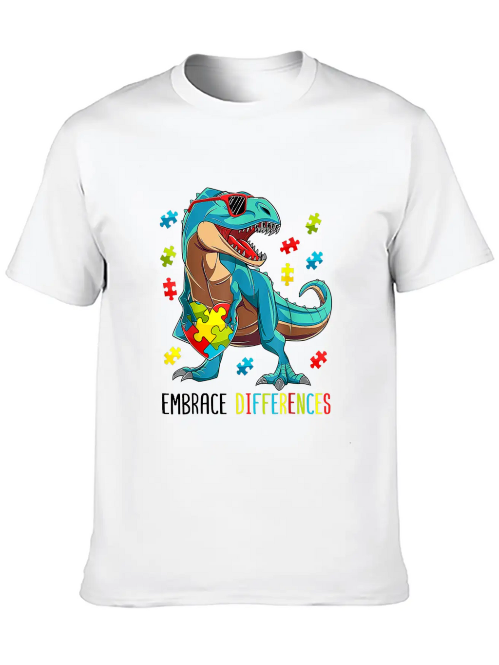 Plus Size Autism Awareness - Dinosaur With Puzzle Classic Cotton Tee – Unisex Comfort For Any Season