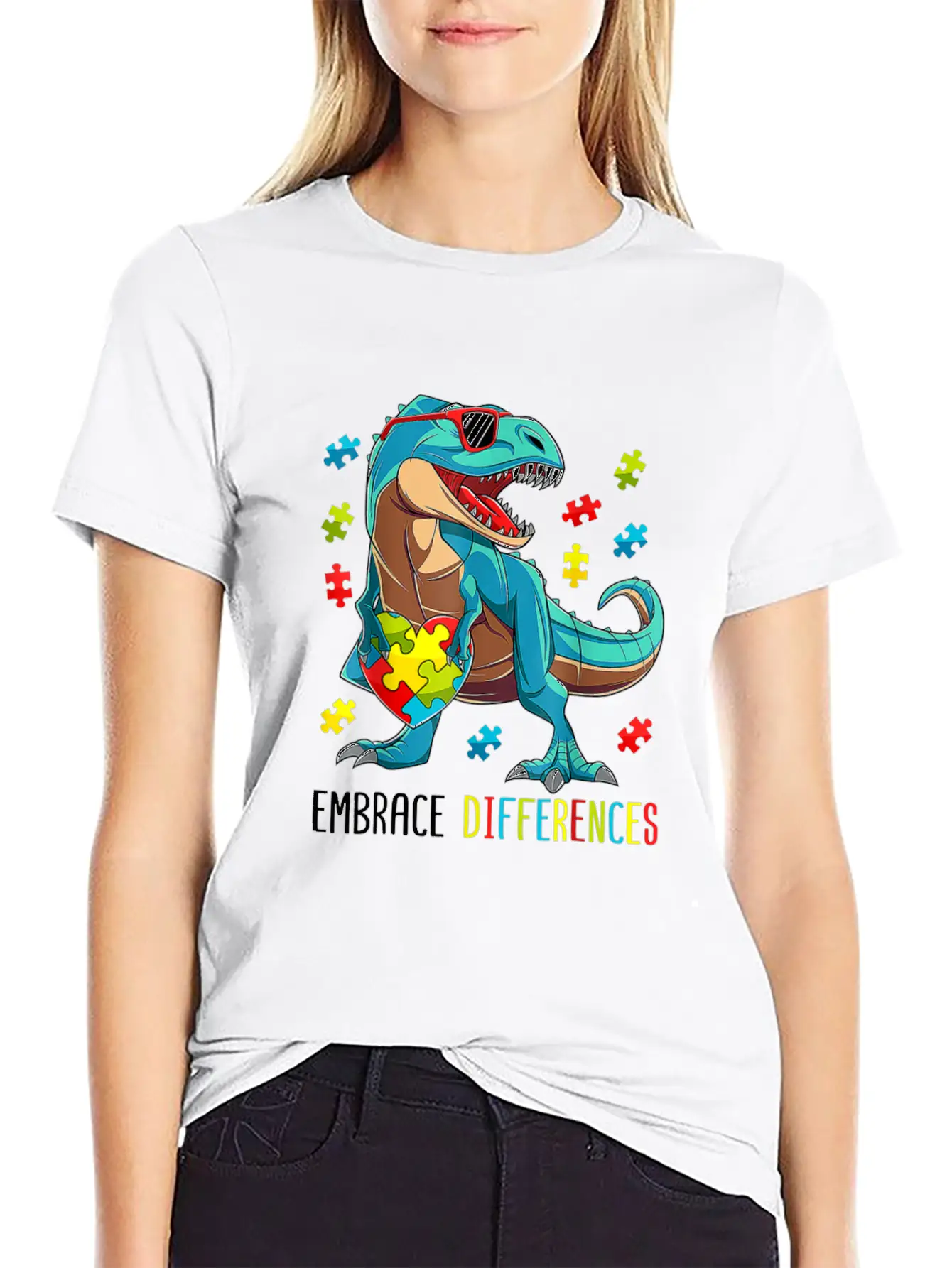 Plus Size Autism Awareness - Dinosaur With Puzzle Classic Cotton Tee – Unisex Comfort For Any Season