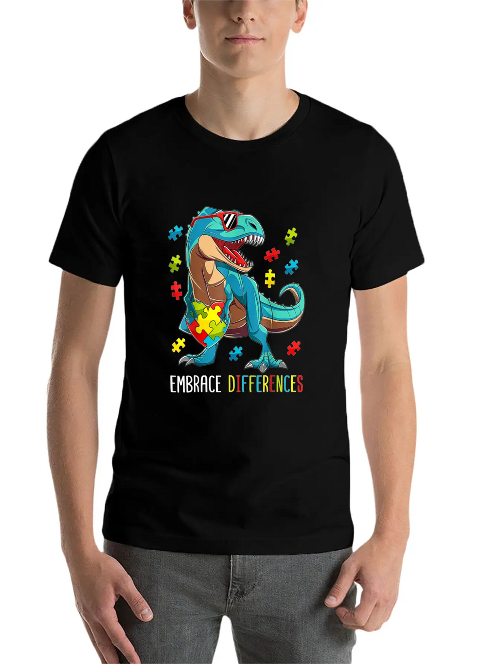 Plus Size Autism Awareness - Dinosaur With Puzzle Classic Cotton Tee – Unisex Comfort For Any Season