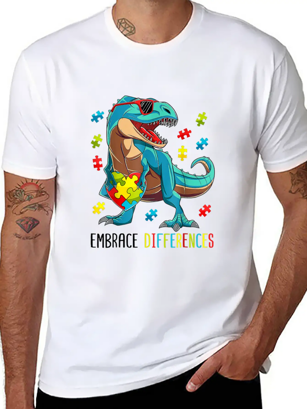 Plus Size Autism Awareness - Dinosaur With Puzzle Classic Cotton Tee – Unisex Comfort For Any Season