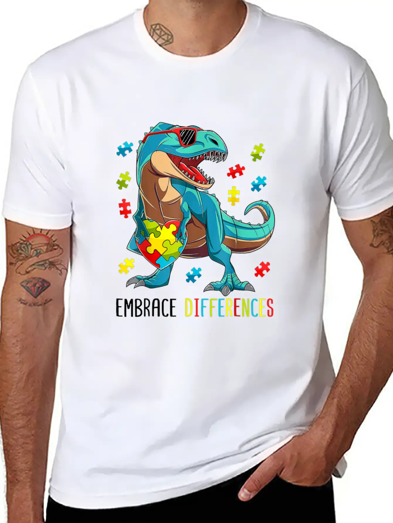 Plus Size Autism Awareness - Dinosaur With Puzzle Classic Cotton Tee – Unisex Comfort For Any Season